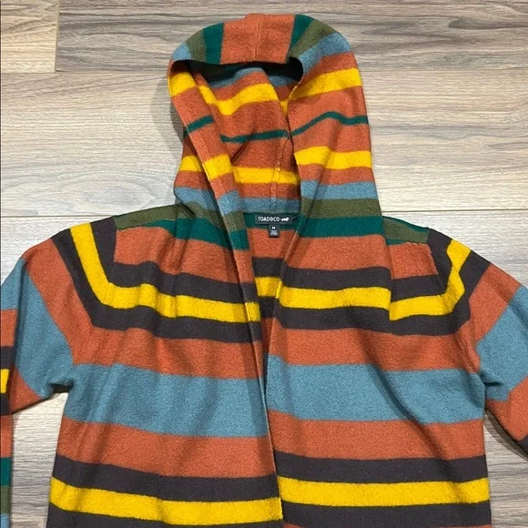 Toad & Co Heartfelt Merino Wool Hoodie in Orange/Yellow/Olive Green/Blue Medium - Picture 4 of 13